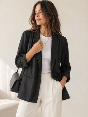 Simply Vera Vera Wang Linen Blazer M Black Open Front Quiet Luxury Jacket